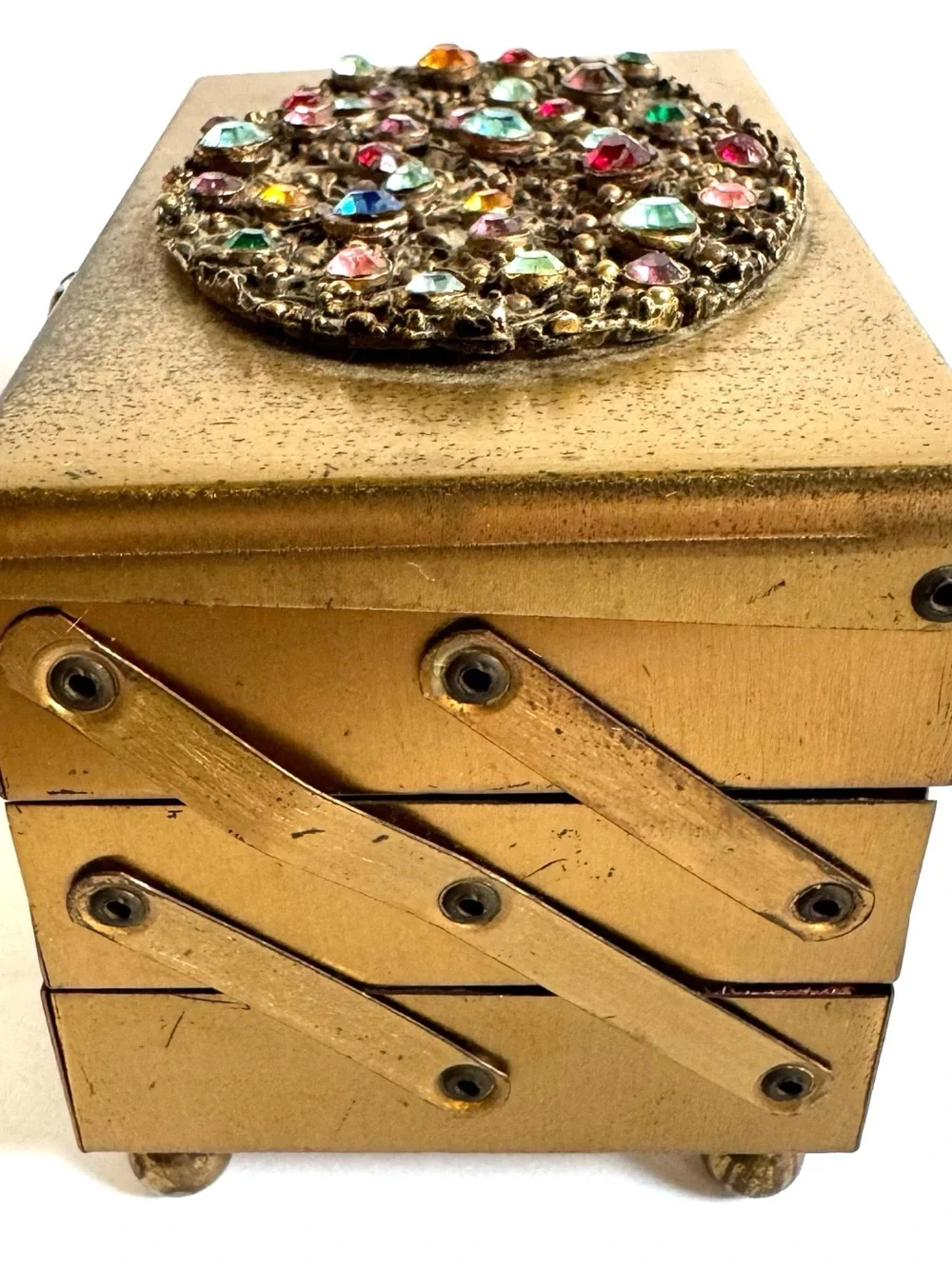 Vtg Brass Accordion Cantilever Jewelry Box Jeweled Rhinestone Hollywood Regency